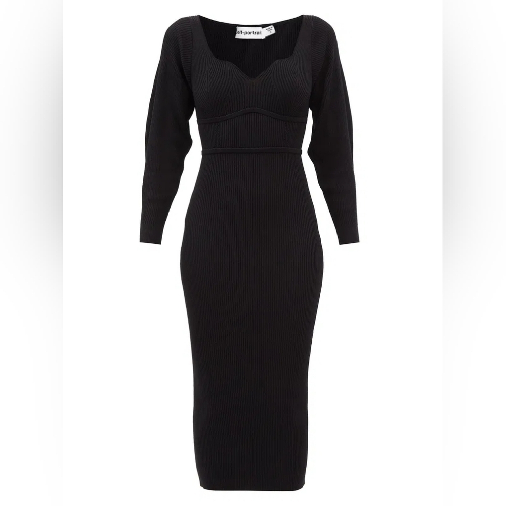 SELF-PORTRAIT Sweetheart-Neck Ribbed-Knit bodycon Midi Dress - Picture 2 of 16